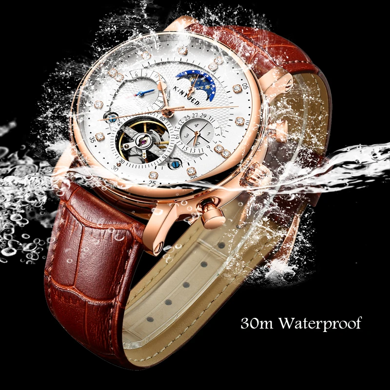 Мужские автоматические часы KINYUED Moon Phase механические с скелетом мужские