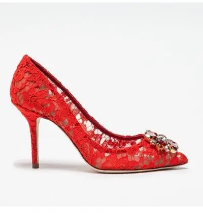 4 Red 9cm heel Пикантные кружевные свадебные туфли женские туфли-лодочки с вырезами, с острым носком, украшенные кристаллами вечерние туфли на высоком каблуке, без шнуровки, из сетчатого материала Каблук 6,5 см, 9 см - Цвет: 4 Red 9cm heel