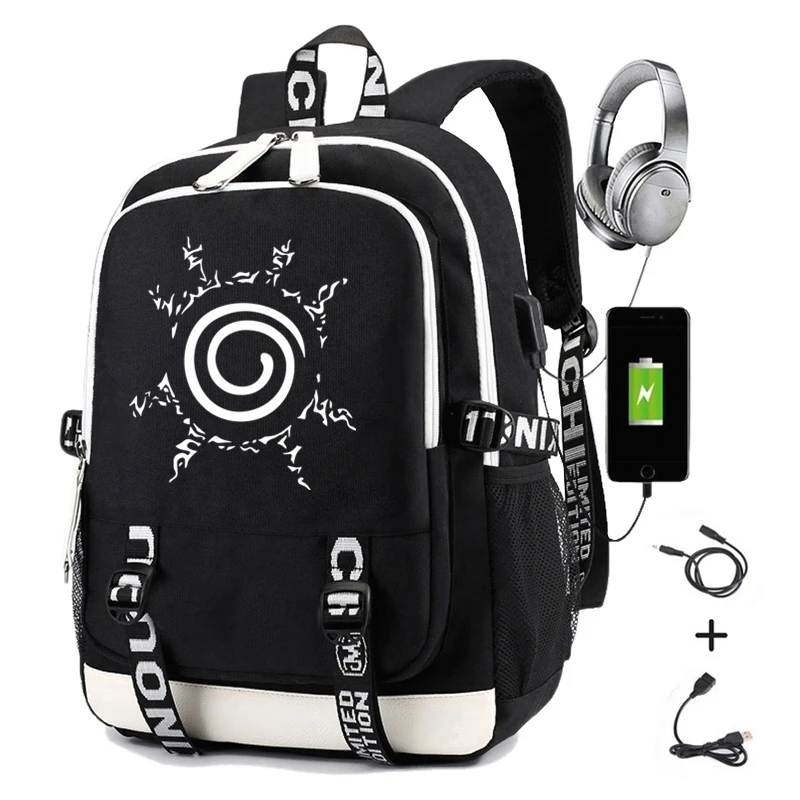 Black 04 Naruto Backpack for Boys Girls School Bag with Usb Charging Printing Sharingan Logo Student Laptop Travel Backpack for Men - Цвет: Black 04