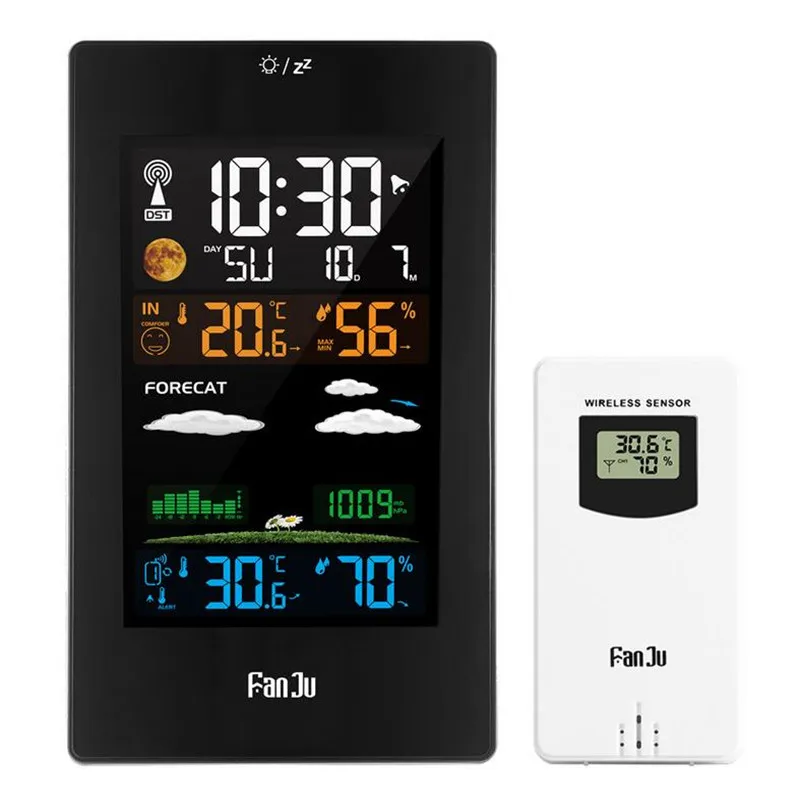 

FanJu FJ3389 EU Plug Table Desk Clock Weather Station Digital Thermometer Hygrometer Wireless Sensor LCD Calendar Display