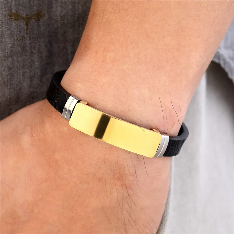 

Vintage Men's Wristband Imitation Leather Silicone Bracelet Stainless Steel Buckle Fashion Male Cuff Jewelry