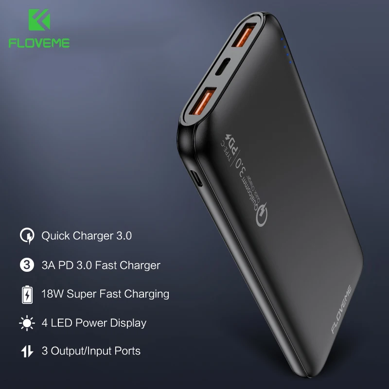FLOVEME Quick Charger 3.0 Power Bank 10000mAh Portable Charging 3 input PowerBank USB External Battery For Xiaomi iPhone | Мобильные