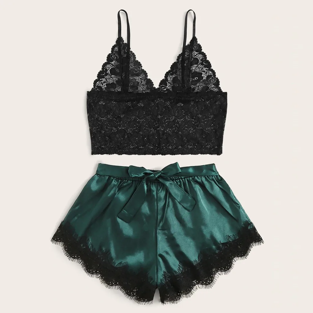 

Fashion 2020 Womens Sexy Floral Lace Bralette Bowknot Satin Shorts Sleepwear Pajamas Sleepwear ladies solid color wire free &50