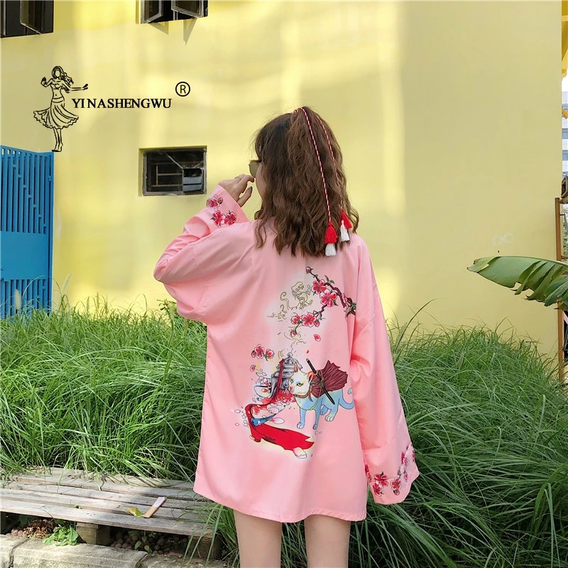 Yukata женский японский кимоно кардиган с принтом кота с длинным рукавом рубашка повседневные кимоно Femme азиатские Кимоно костюмы косплей Kawaii