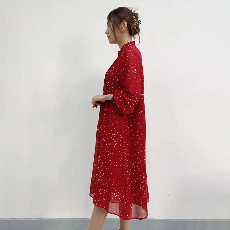 

CHICEVER Print Dress For Women Stand Collar Long Sleeve Hit Color Loose Ruched Oversized Mid Dresses Female 2021 Autumn Clothing