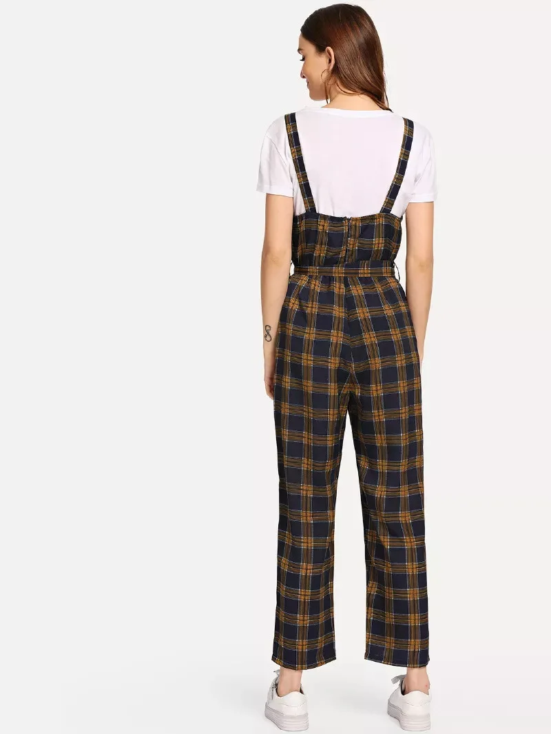 Женские винтажные комбинезоны в клетку свободные без рукавов с широкими