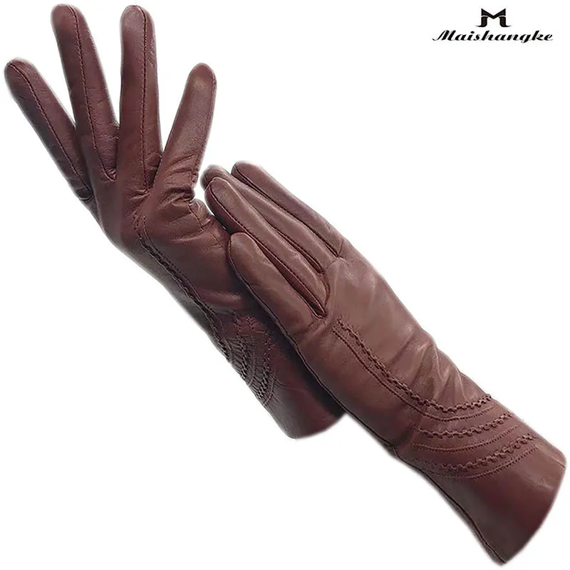 Winter Women's Wrist Fashion Sheepskin Gloves Light Brown Fleece Lining Gift Premium Leather Classic Gloves Warm New Leather Dri
