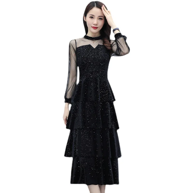 

Real-shot skirt women 2021 spring and autumn new net red dress high cold goddess Fan temperament velvet sequin cake dress