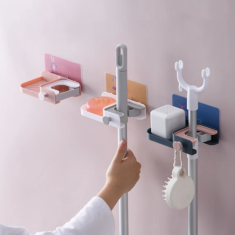 

1pcs Wall Mounted Mop Organizer Holder With Shelf Broom Hanger Storage Rack Kitchen Tool For Hanging Hooks Clips Accessories