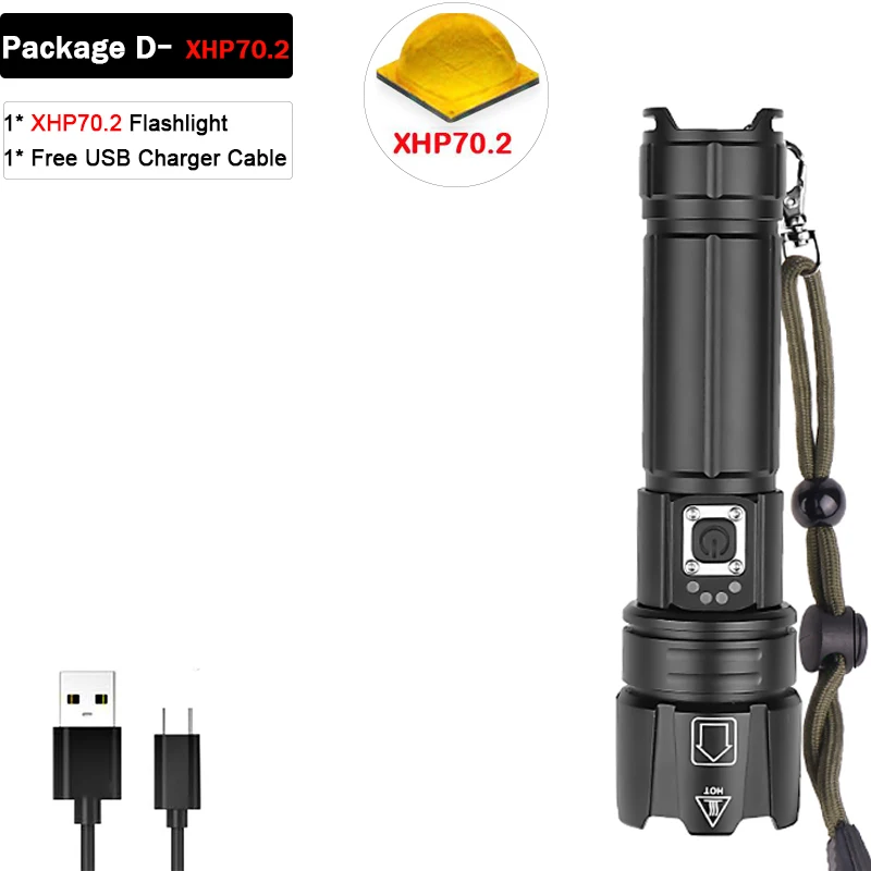 Package D-XHP70.2 XHP90 XHP70.2 светодиодный фонарик с зарядкой от USB фонарик с зумом светодиодный фонарь Водонепроницаемый фонарь для охоты фонарик супер яркий - Испускаемый цвет: Package D-XHP70.2