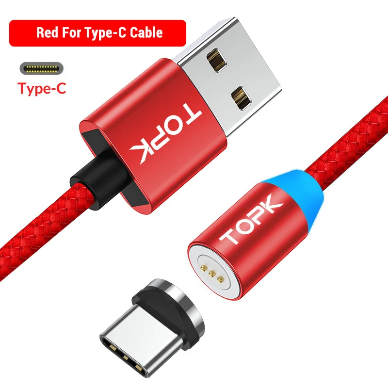 Red Type C Cable TOPK AM37 Быстрая зарядка Магнитный зарядный кабель mi cro usb type C кабель для iPhone X Xs Max 11 8 7 6 Xiaomi mi note 10 телефонные кабели - Цвет: Red Type C Cable