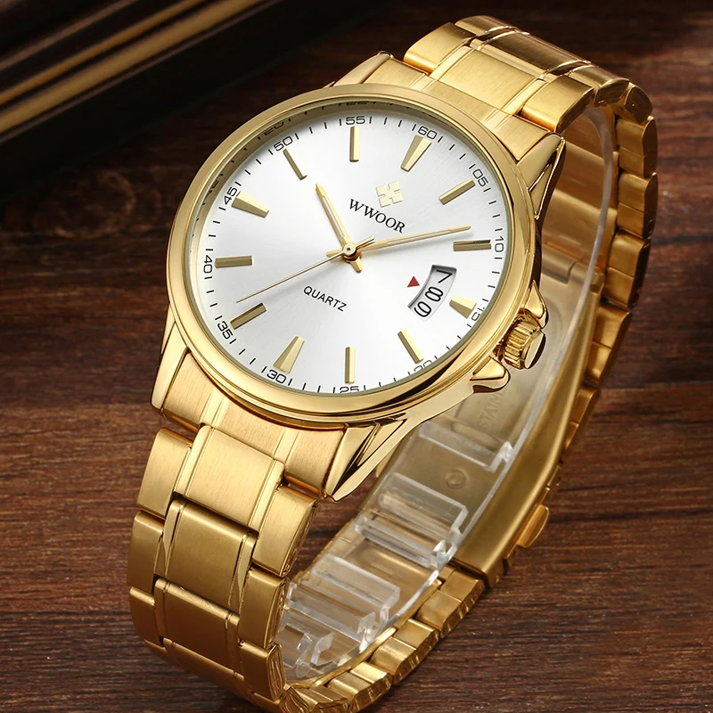 WWOOR 2021 модные мужские часы от топ бренда роскошные золотые с ремешком из нержавеющей стали Кварцевые для