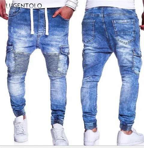 

Lugentolo Men Jeans Autumn Simple Fashion Casual Multi-pocket Taper Light Washed Mid Waist Pleated Pencil Pants