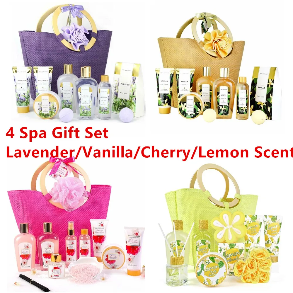 4 Set of Spa Gift Baskets in Lavender Vanilla Cherry Lemon Scent, Bath Kit with Tote Bag, Body & Hand Gift Set for Women