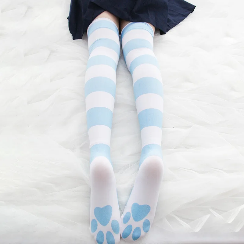 

Super Cute Cat Paw Bottom Blue & Pink Striped Women's Lolita Over-knee Stockings Velvet Thigh High Long Stockings Cosplay Girls