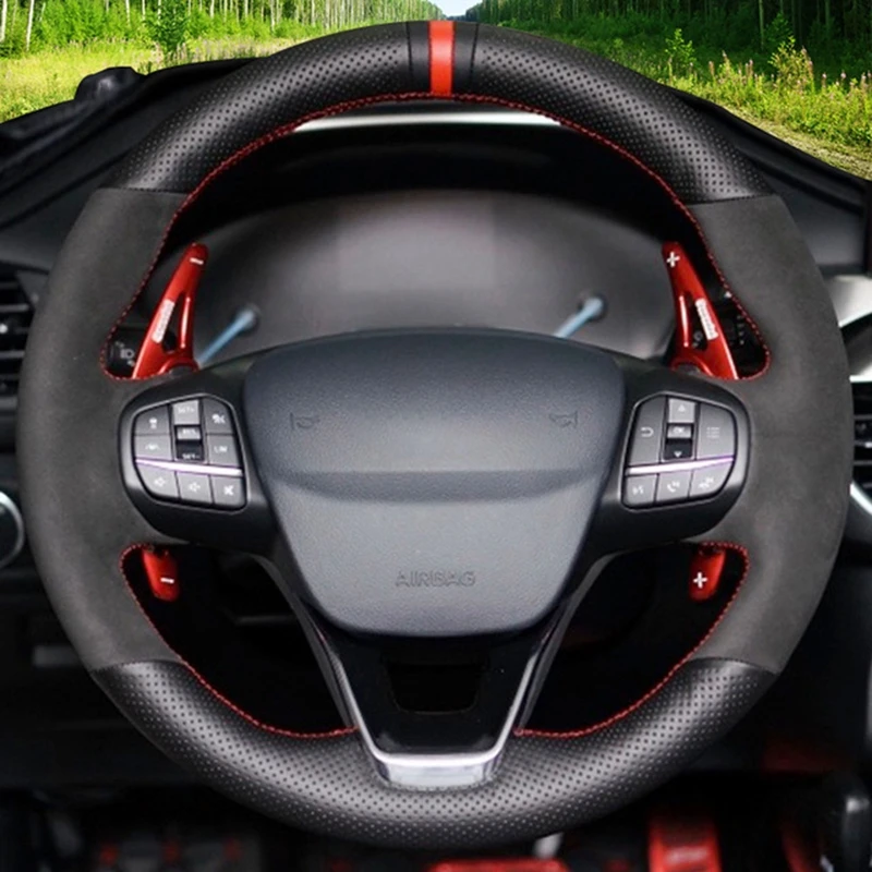 

DIY Car Steering Wheel Cover Black Genuine Leather Suede For Ford Focus 4 Escape 2019 2020 Fiesta Tourneo 2018-2020 Escort Puma