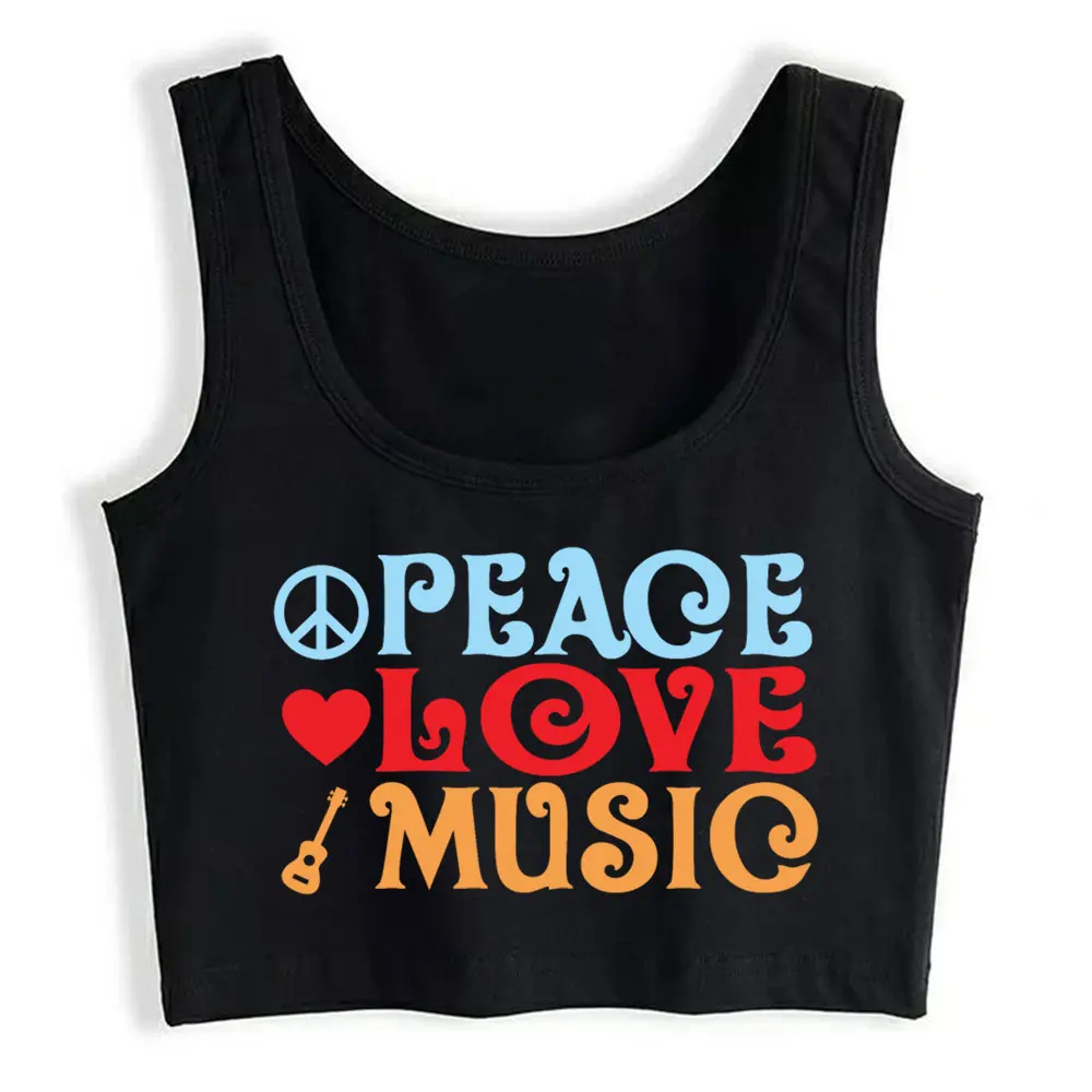 

Boho Crop Top Peace Love Music In Retro Style Kawaii White Print Womens Tops blusas mujer de moda 2021 verano Gym Tank Top Women