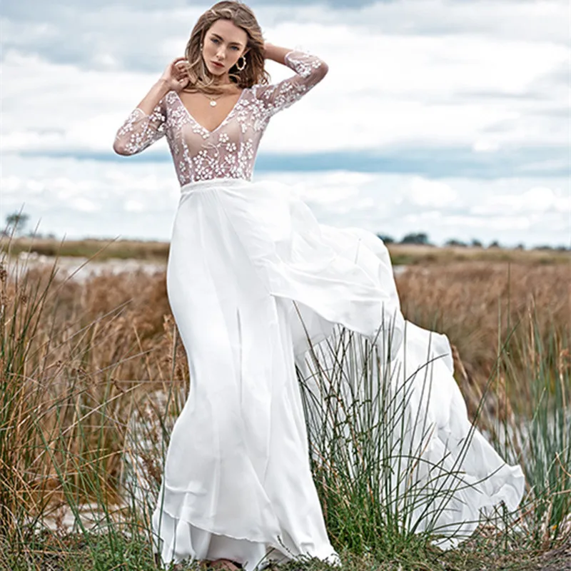 

Boho Graceful Slim Wedding Dress 2021 Chiffon A-Line Lace Appliques V-Neck White Bridal gowns Floor-length Bride robe de mariée