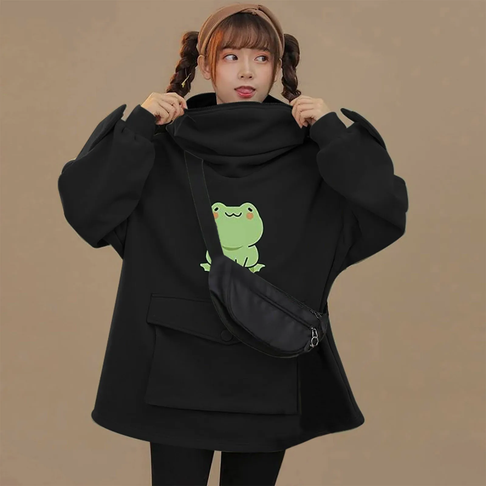 

Harajuku Frog Hoodie Sweatshirt Women Sweet Japan Tops Creative Three-dimensional kawaii Frogs Pullover Pocket Hoodies sudaderas