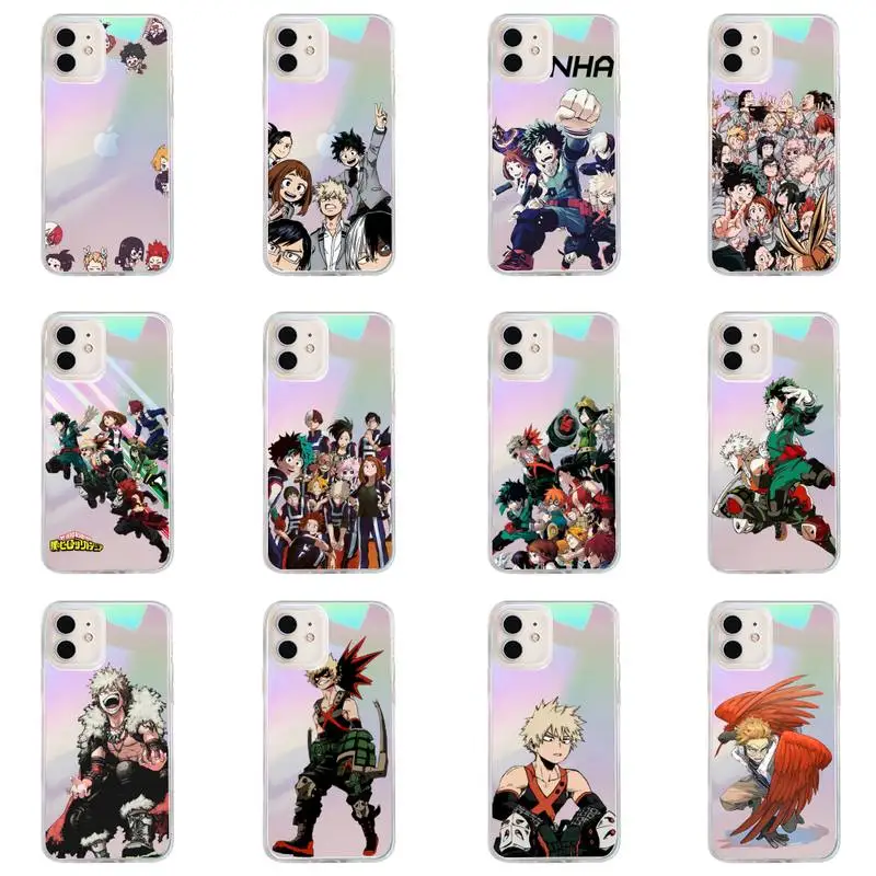 

Anime My Hero Academia Phone Case for iPhone huawei P 7 8 9 11 12 10 30 40 S X XS XR MINI Pro Max Plus laser Transparent Glitter