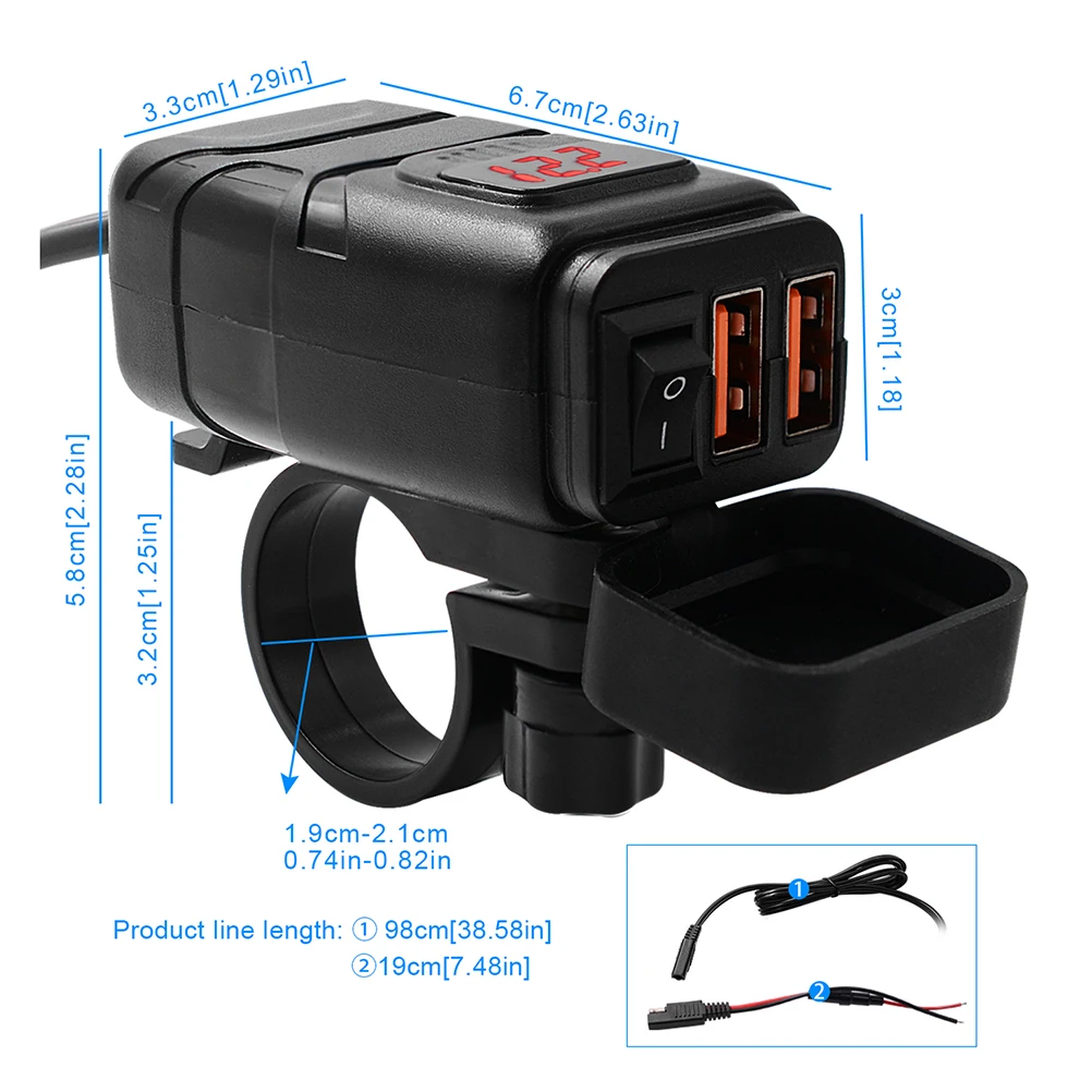

1Pc QC3.0 Motorcycle Waterproof Phone Charger with Voltmeter Dual USB Smart Fast Charger for Handlebar and Rearview Mirror