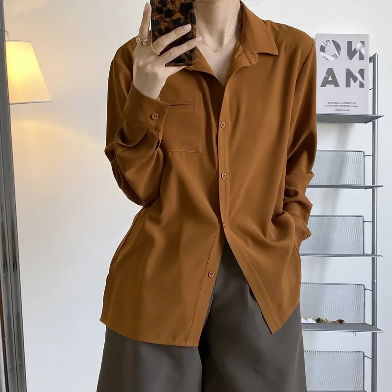 

ZAWAHIKI Vintage Solid Pockets Blusas Mujer Moda 2021 Spring Long Sleeve Turn-down Collar Elegant Single Breasted Women Clothing