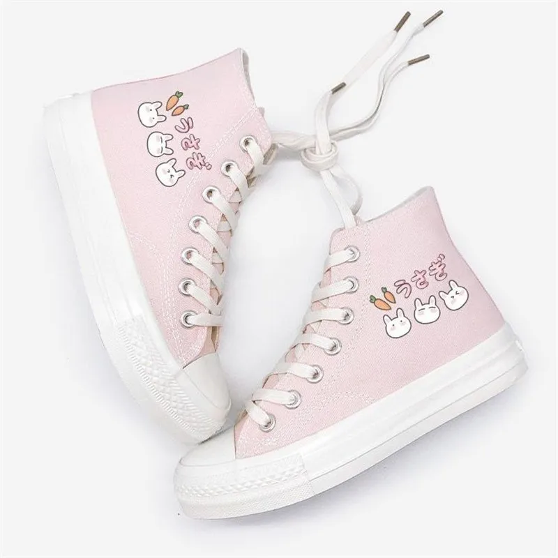 

Autumn Sweet Girl Pink Canvas Shoes Women High-top Sneaker Japanese Harajuku Style Cute Cartoon Rabbit Print Student Shoes A1-04