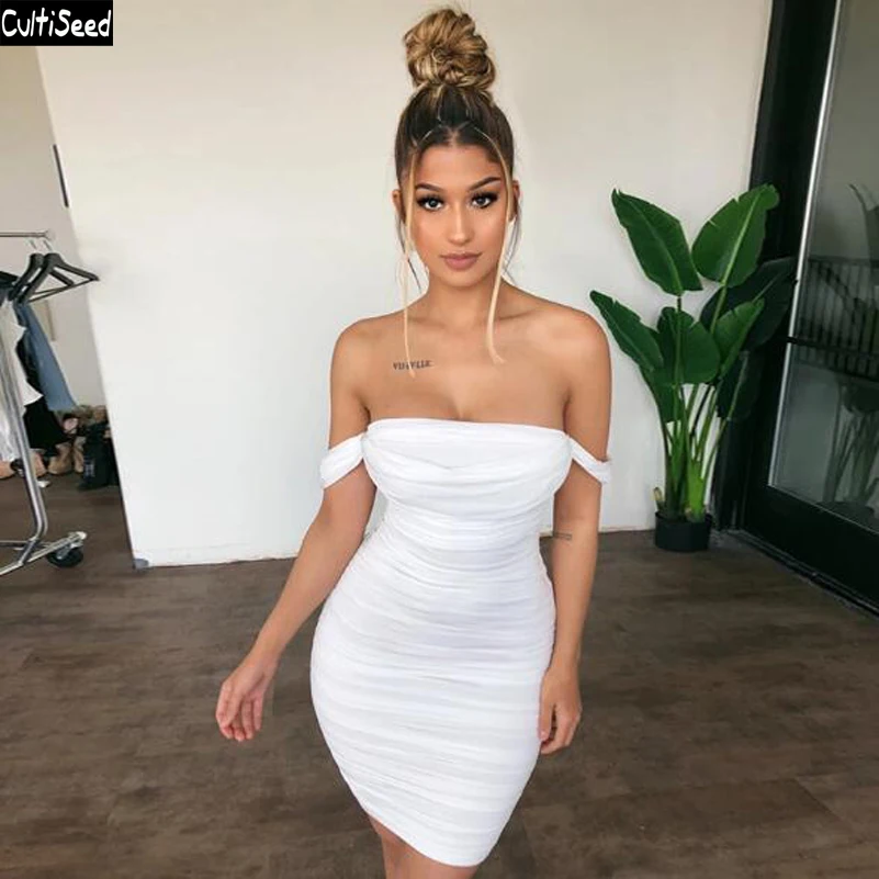 

Cultiseed Women Sexy Slash Neck Strapless Backless Off the Shoulder Slim Hip Pleated Mesh Club Party Mini Dresses