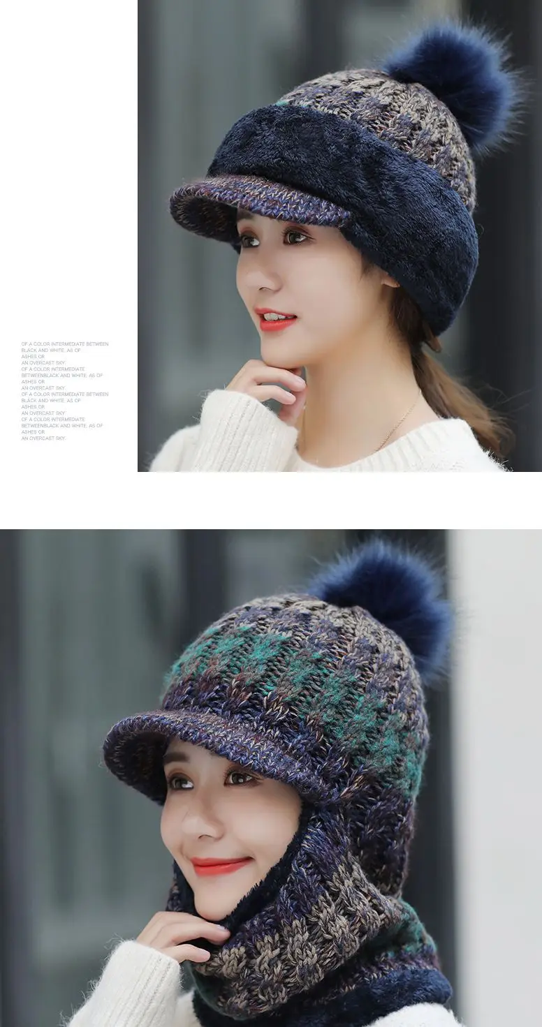 2019 женская зимняя вязаная шапочка красочные наушники шляпы с окантовкой мех pom