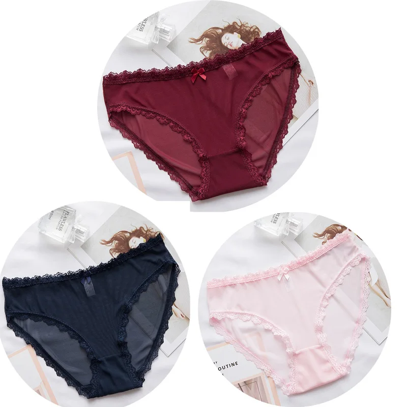 Red Blue Pink 3 шт Сексуальные Кружевные Трусики бесшовное женское нижнее белье трусы нейлоновая сетка для дам тонкое хлопковое прозрачное белье - Цвет: Red Blue Pink