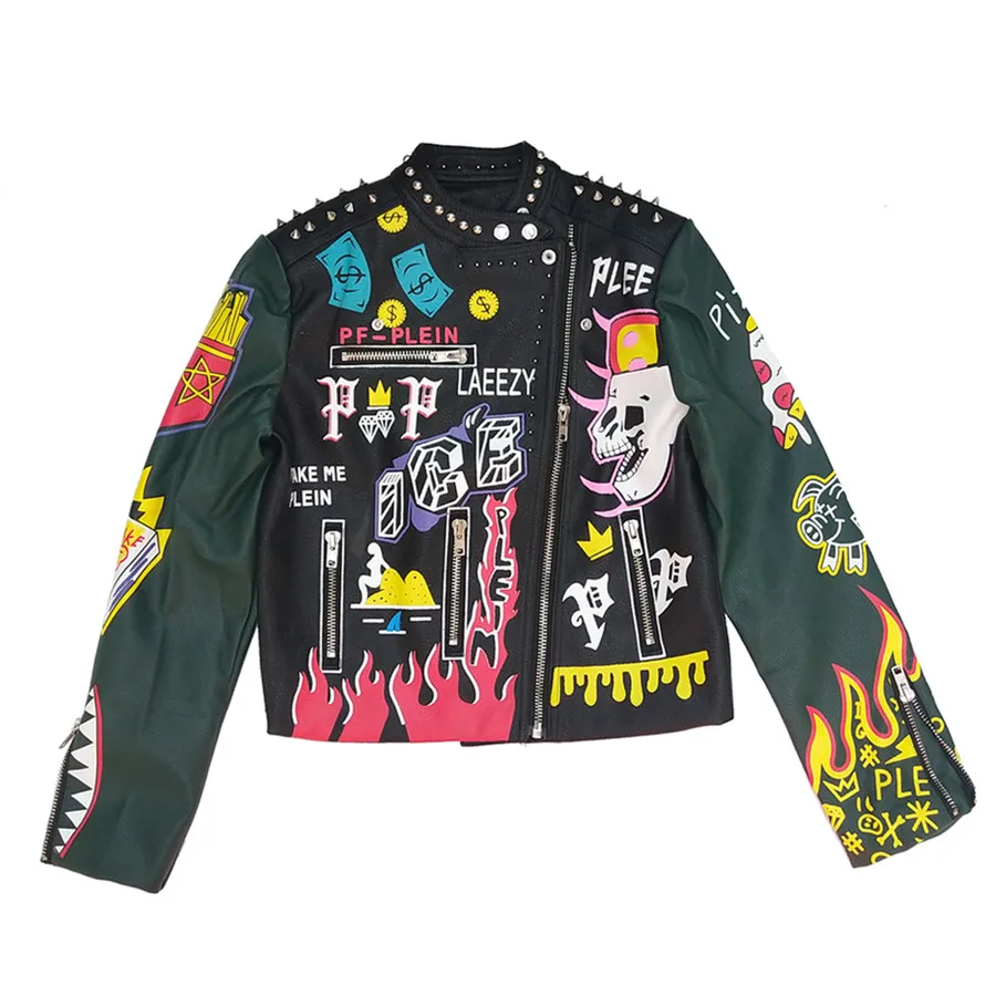 Женская байкерская куртка из ПУ кожи зеленая осенне-весенняя в стиле панк с