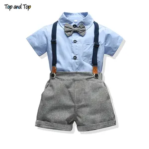 Летний комплект одежды для мальчиков, рубашка с коротким рукавом, галстук-бабочка + сарафан в клетку, шорты