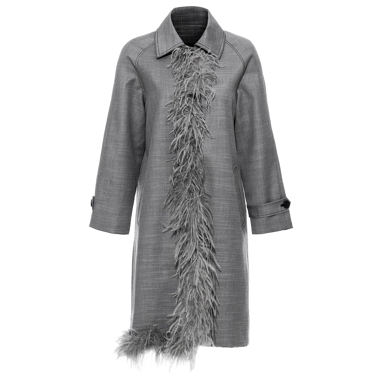 

DEAT Autumn And Winter Fashion Clothes Women Turn-down Collar Feather Patchwork High Quality Single Breasted Windbreaker WJ14602