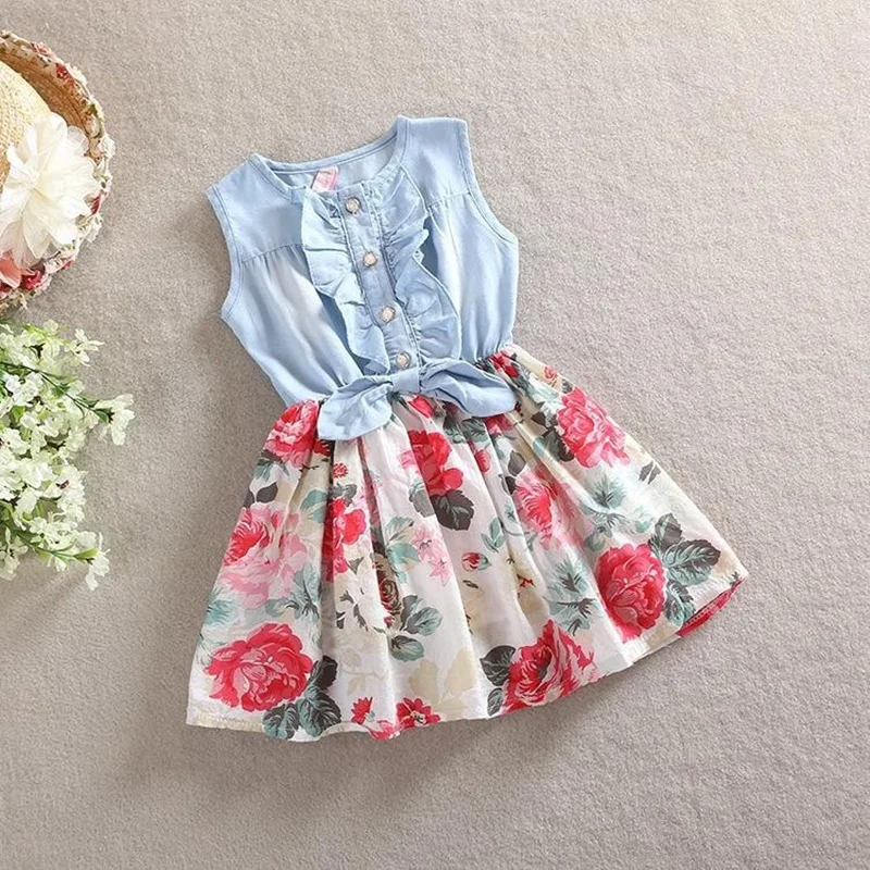 Baby Girl Dress 2017 Summer Children Sleeveless Denim Floral Dresses with Button Kids Princess for Girls | Детская одежда и обувь