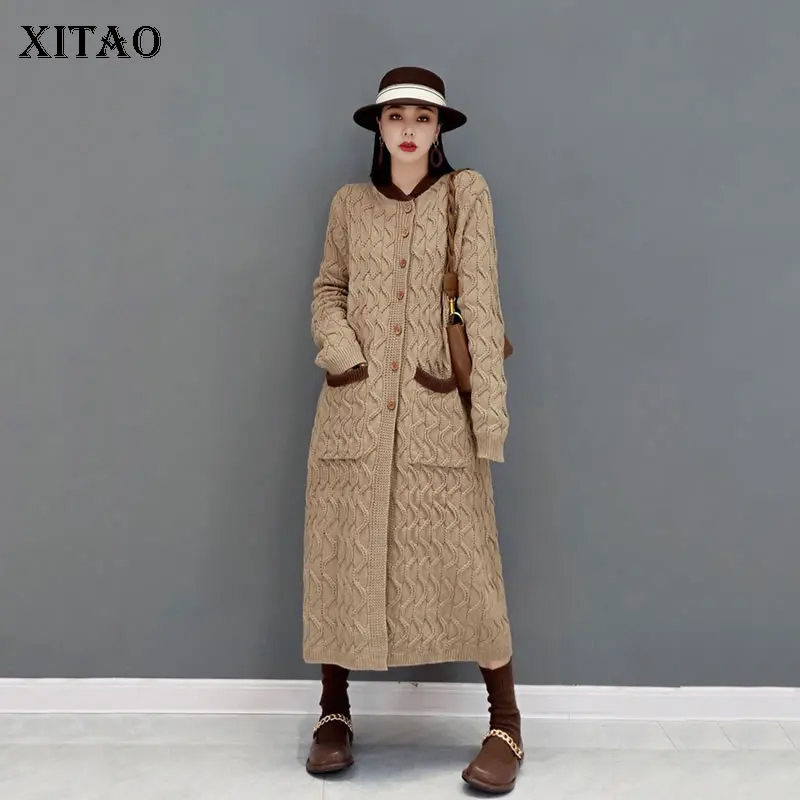 

XITAO, вязаный длинный кардиган, винтажный, женский, контрастный, комбинированный, v-образный вырез, воротник, новинка зимы 2021, простота, универ...