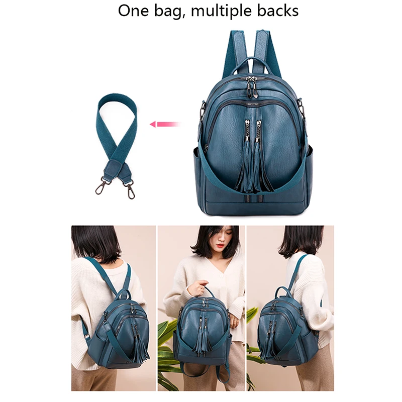 Женский рюкзак из мягкой искусственной кожи синий с небольшой кисточкой и