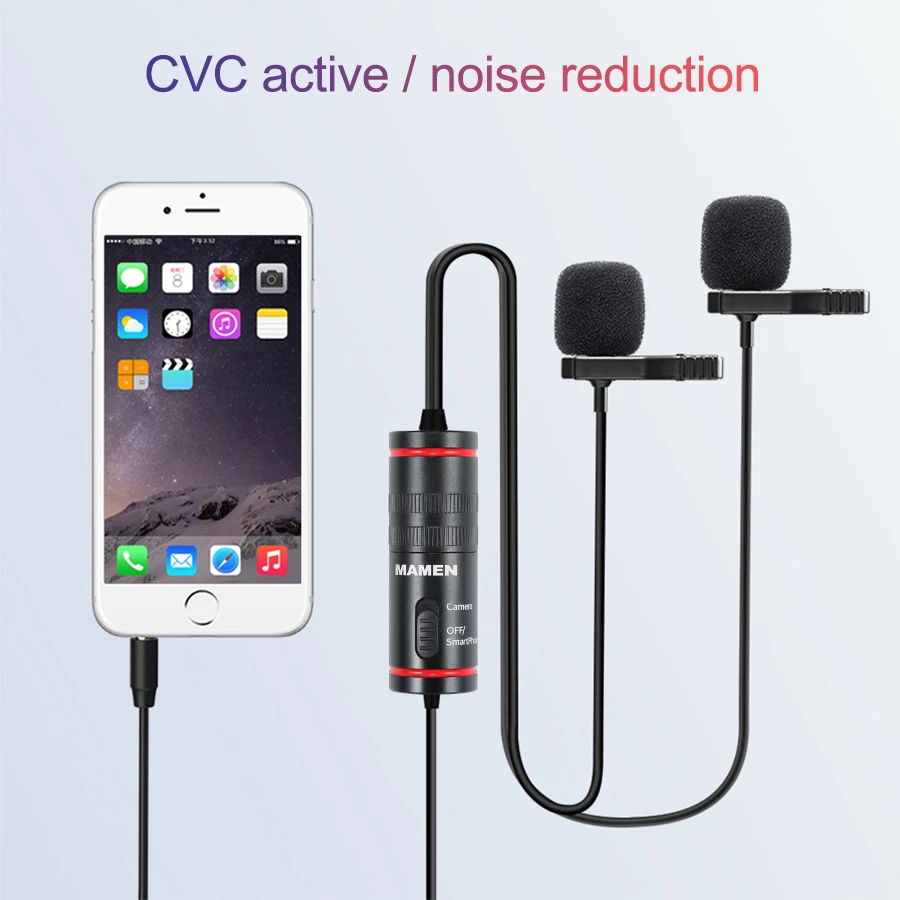 

MAMEN 4.2M Dual-Head Lavalier Clip-on Lapel Microphone Condenser Vlog Mic Video Record Mikrofo/Microfon for smartPhone DSLR