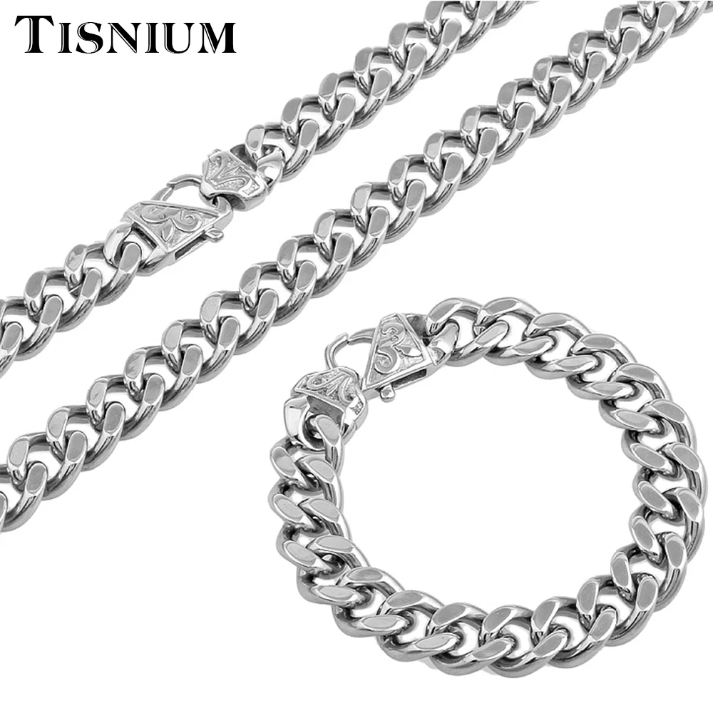 

Tisnium Gothic Style Jewelry Suit Men's Necklace Bracelet Curb Cuban Link Chain Silver Color Stainless Steel Accessories Choker