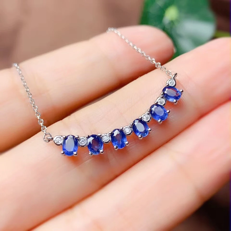 Женское ожерелье из серебра 925 пробы с натуральным синим сапфиром|Ожерелья| |