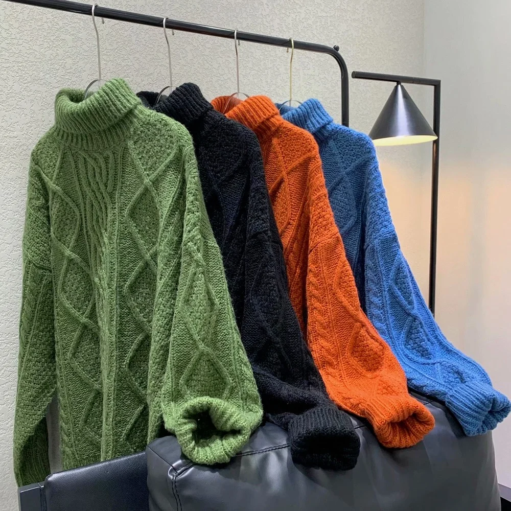 Рыбацкий свитер, вязаный джемпер, свитеры оверсайз, трендовый зеленый Женский пуловер, свитеры с высоким воротником, уличная одежда
