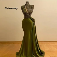 modest olive green mermaid evening dresses 2022 high collar sequin beaded long evening gowns real image formal party dress