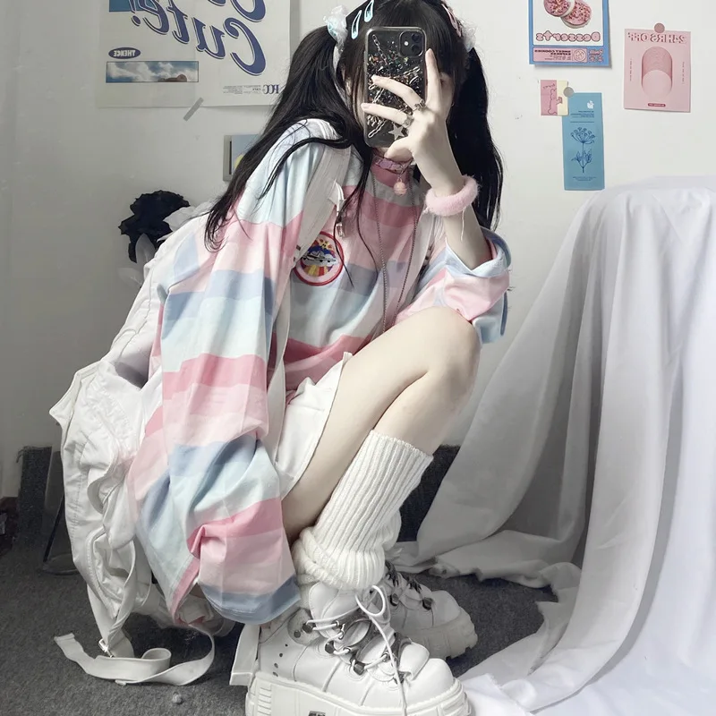 

Elimiiya Autumn Full Sleeve T Shirt Women's Korean Style Striped Loose Student T Shirts Harajuku Embroidery Tops Tees