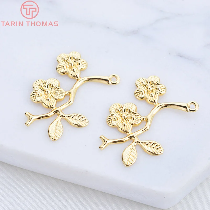 Латунная ветка с покрытием 24 каратным золотом и подвесками в виде цветка 10 шт. 20