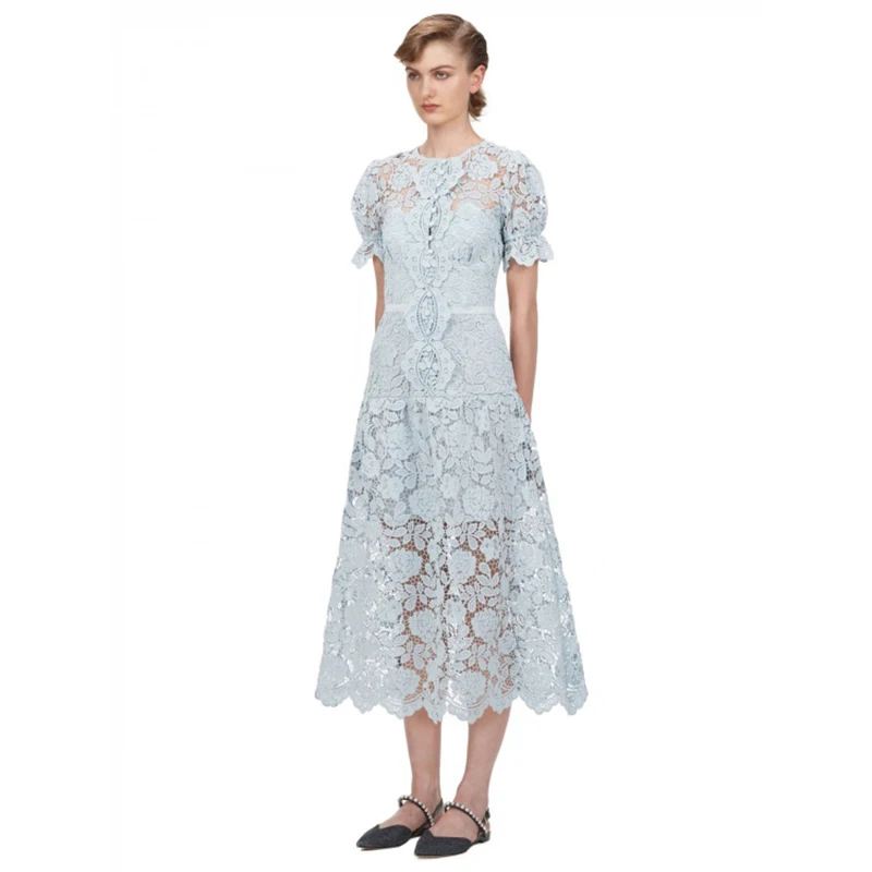 Женское платье средней длины с коротким рукавом и круглым вырезом Синий