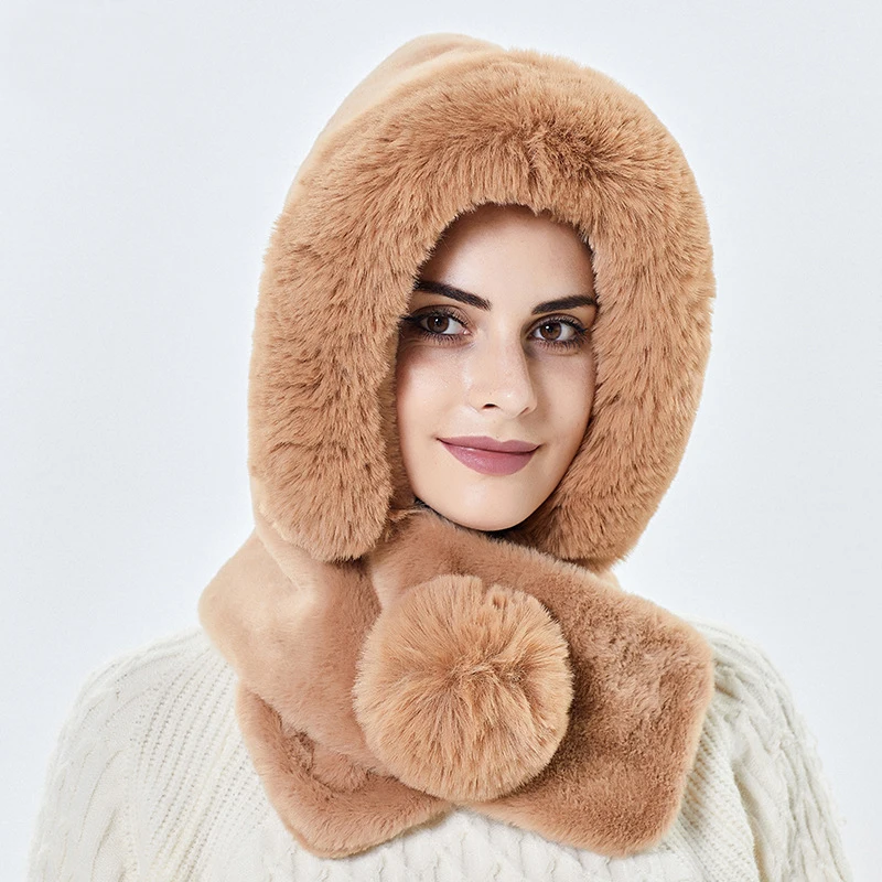 Women Winter Faux Fur Warm Hat Sacrf Hooded Neck Collar Hats Skullies for Girls