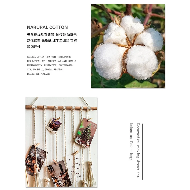 

Handmade Woven Hanging Photo Display Macrame Wall Hanging Pictures Organizer Tapestry Home Decor, with 20 Wood Clips