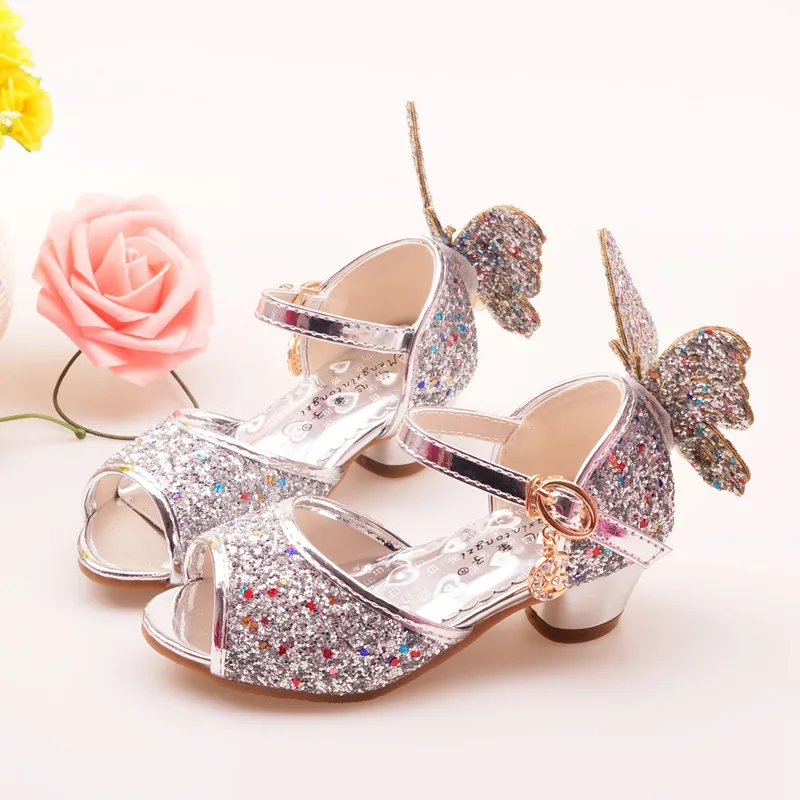 

Girls Sandals Rhinestone Butterfly pink Latin dance shoes 5-13 years old 6 children 7 summer high Heel Princess shoes kids
