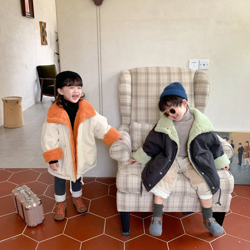 

New Loose Spring Winter Girl Boys Coat Jackets Casual Warm Thicken Clothing Kids Cotton Long Sleeve Two Wear Home Turtleneck