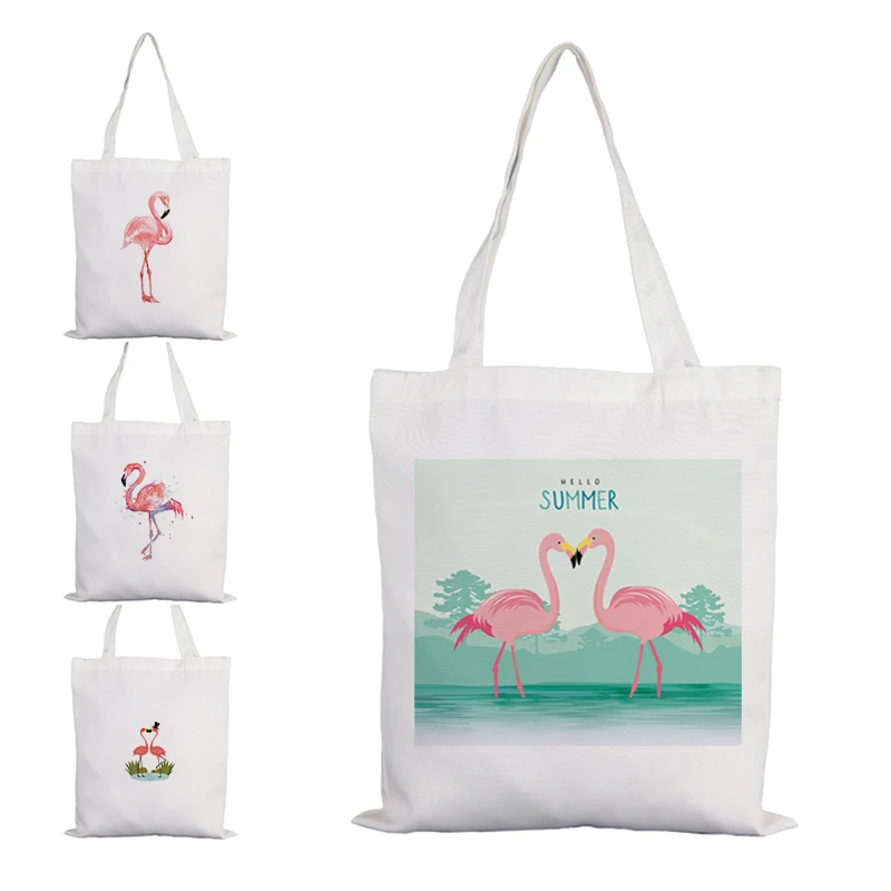 

Animal Flamingo Basket Bag Beach Sea Woman Cotton With Letters Fabric Cloth Bags to Customize Hand Shopping for Groceries 2021