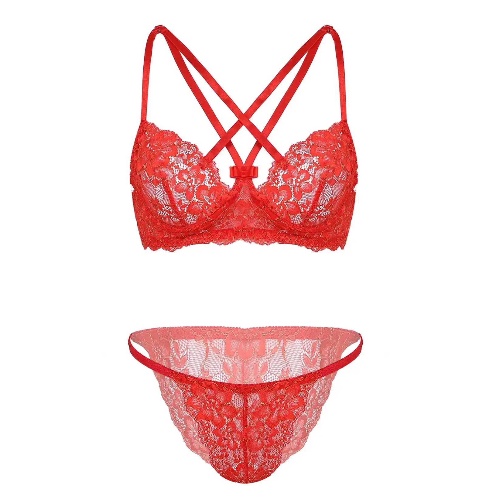 

Womens Female Hot Sexy Floral Lace Lingerie Set Bikini Intimates See-Through Under-wired Bra with Briefs Panties Underwear